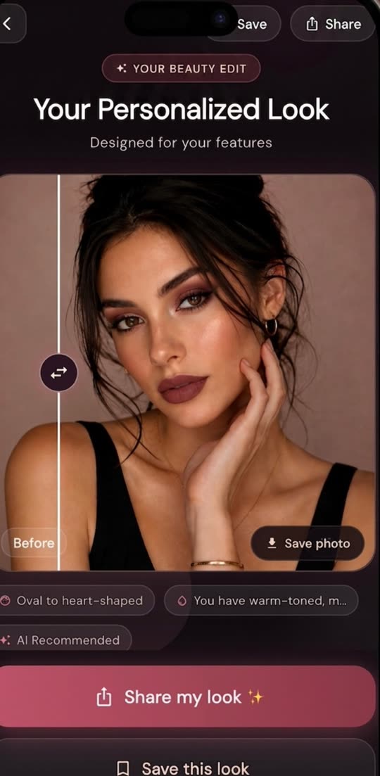 The Vélora app showing a personalized makeup look rendered on a user's selfie, with a before-and-after slider and matched feature tags